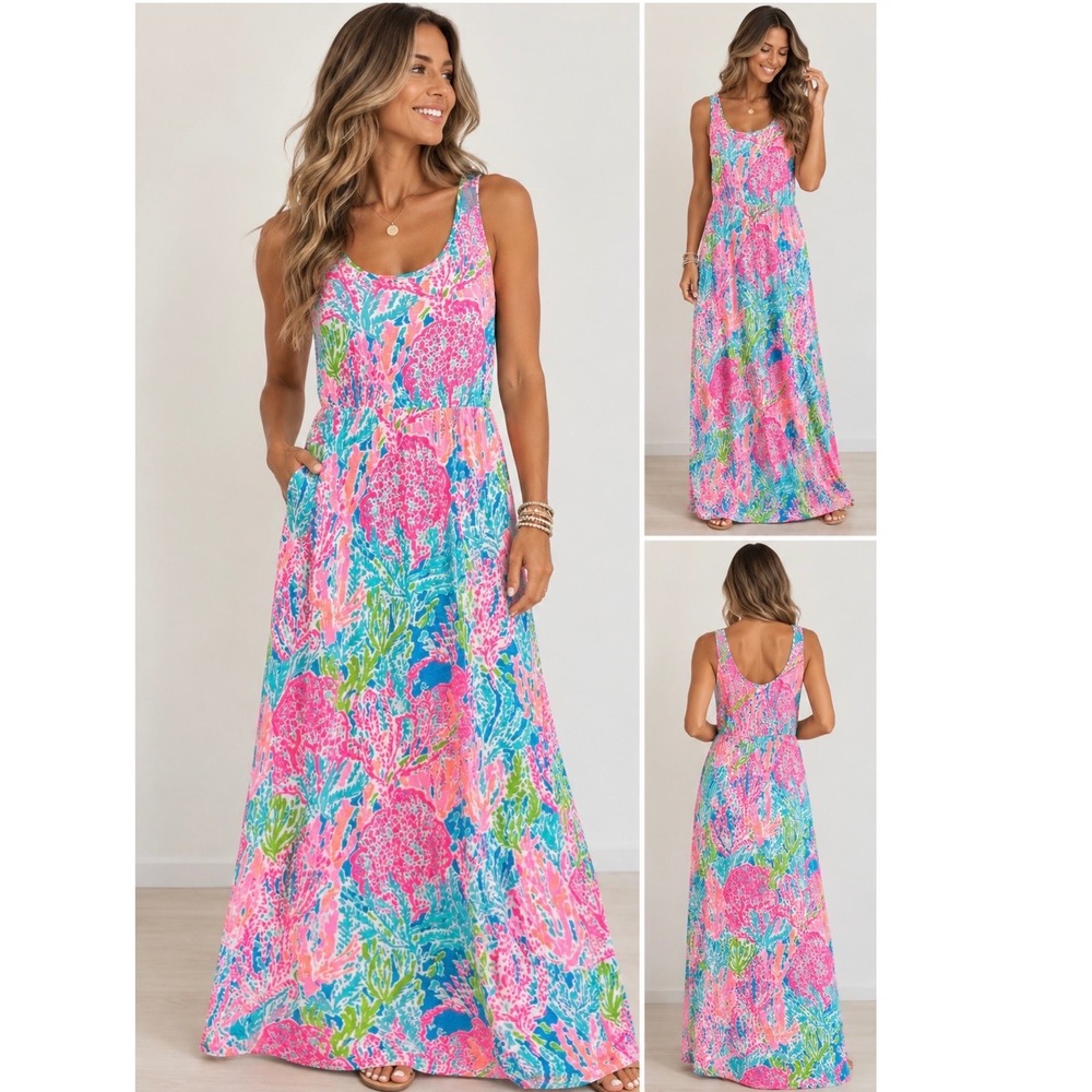 Lilly Pulitzer Maxi Dress Womens Coral Slub Cotton Sleeveless